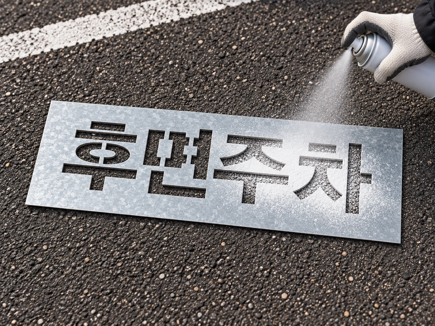 아연도금 강판 스텐실 위에 페인트를 분사하는 활용 장면